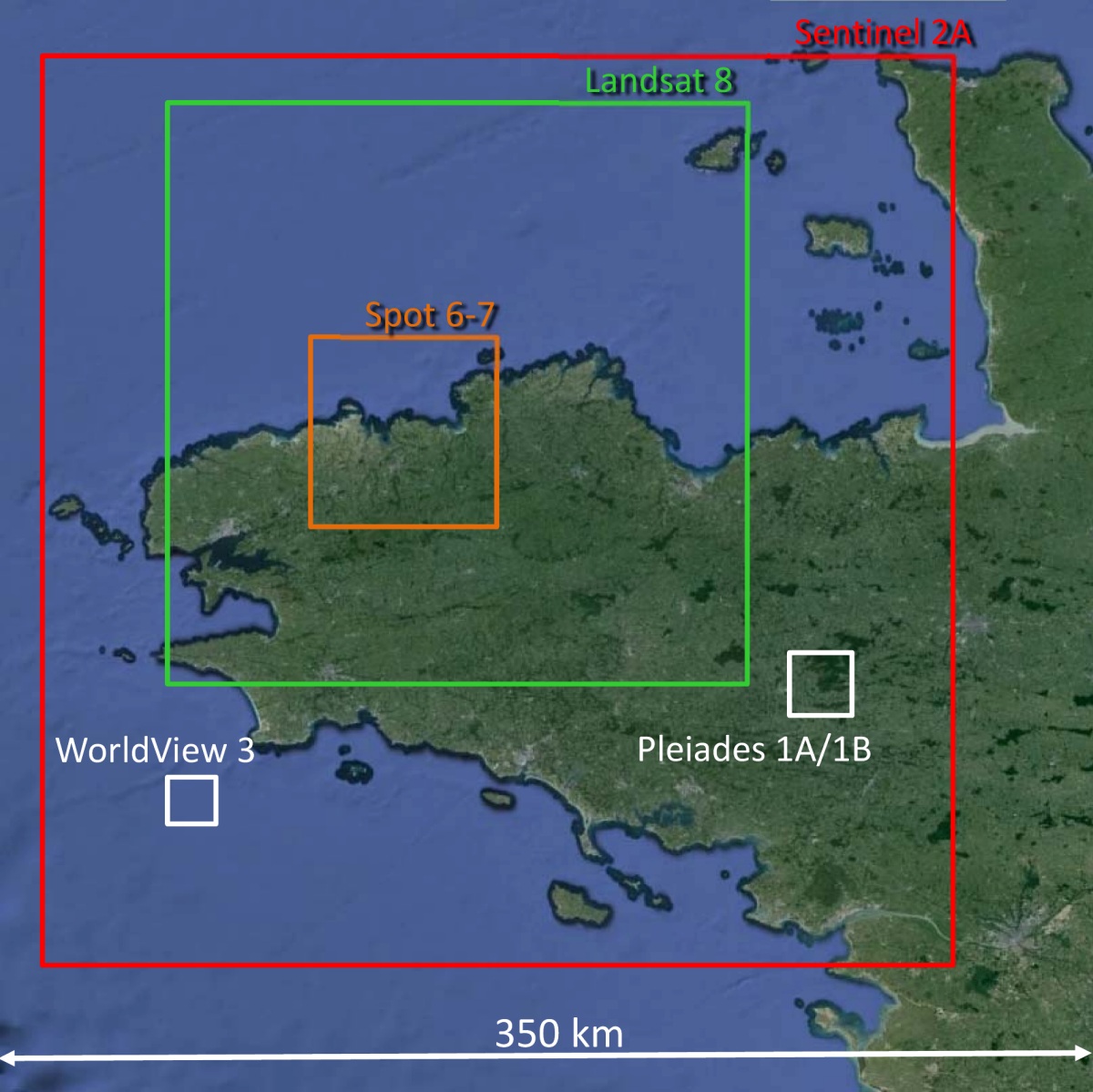 Satellite d'observation - Fauchée - Swath - Résolution - GSD - Ground Sampling Distance - SPOT - Pléiades - Sentinel-2 - Landsat 8 - WorldView-2 - WorldView-3