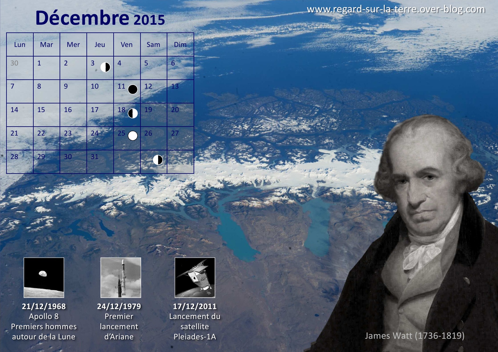 Calendrier spatial - Décembre - 2015 - bilan des lancements - Ariane - Apollo 8 - Pléiades - Patagonie - ISS