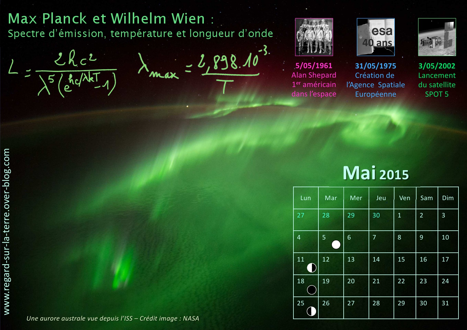 Calendrier spatial et astronomique - Mai - Aurore boréale - Aurore australe - ISS - Corps noir - Loi de Planck - Loi de déplacement de Vite - Alexander Gerst - Magnétosphère