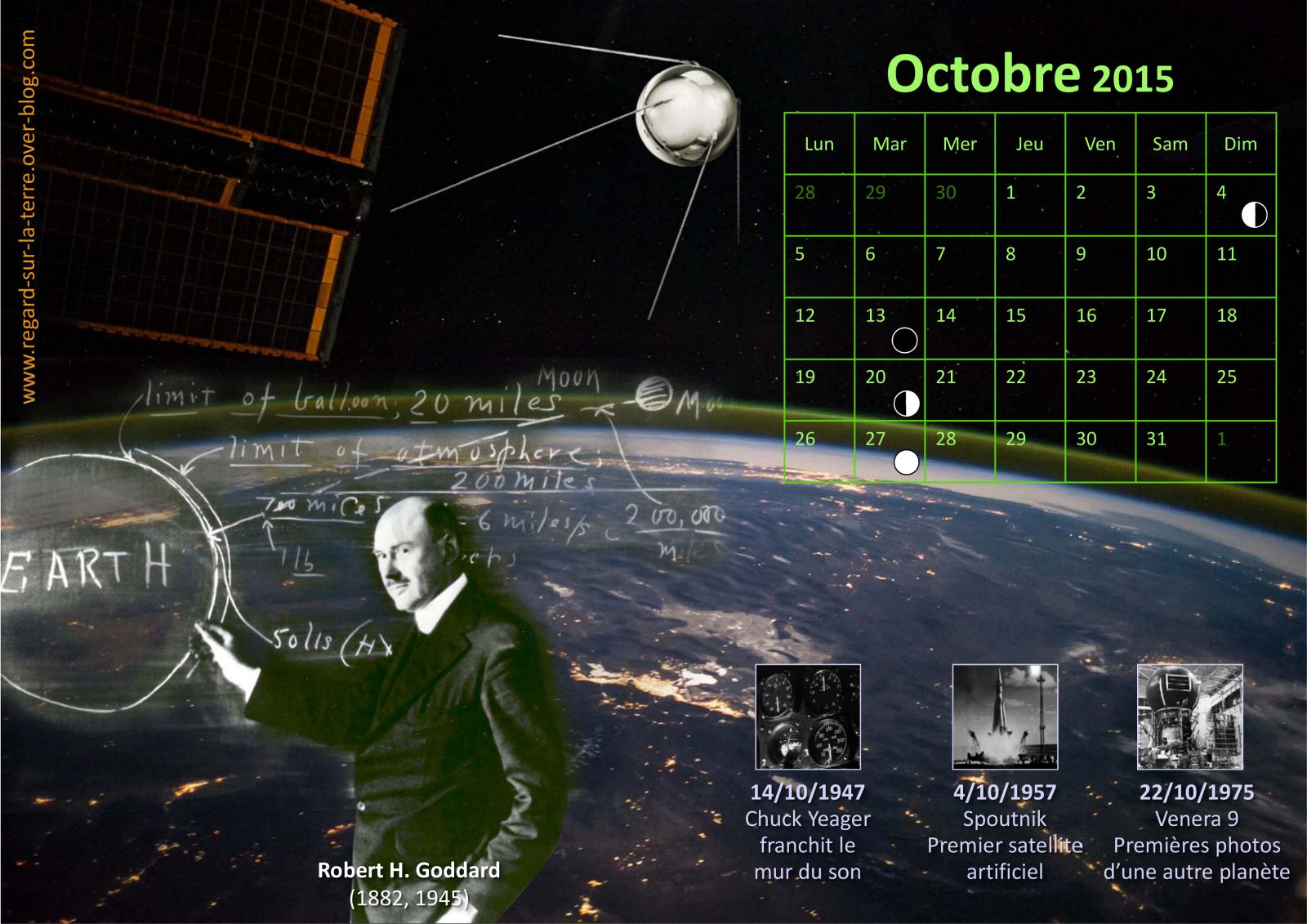 Calendrier spatial et astronomique - Octobre - Spoutnik - Mur du son - Yeager - Goddard - Space calendar
