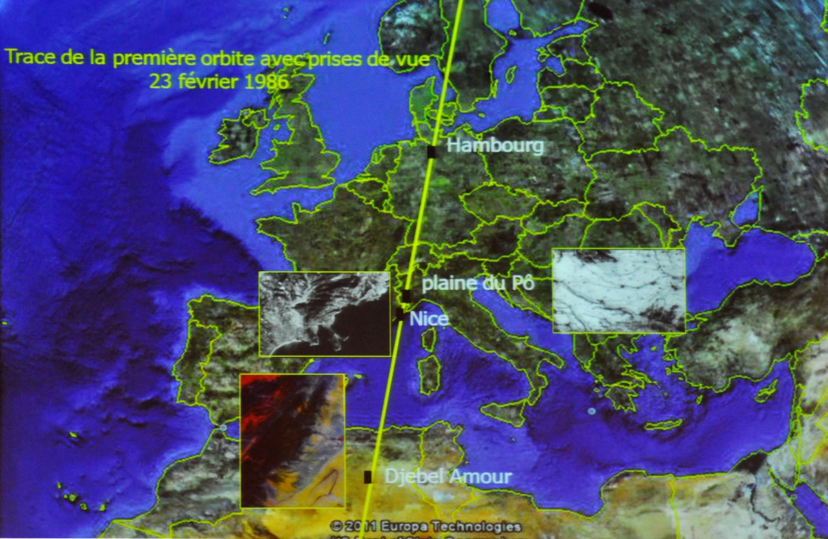 Trace au sol du satellite SPOT 1 - 23 février 1986 - Premières images - Hambourg - Plaine du Po -  Nice - Djebel Amour