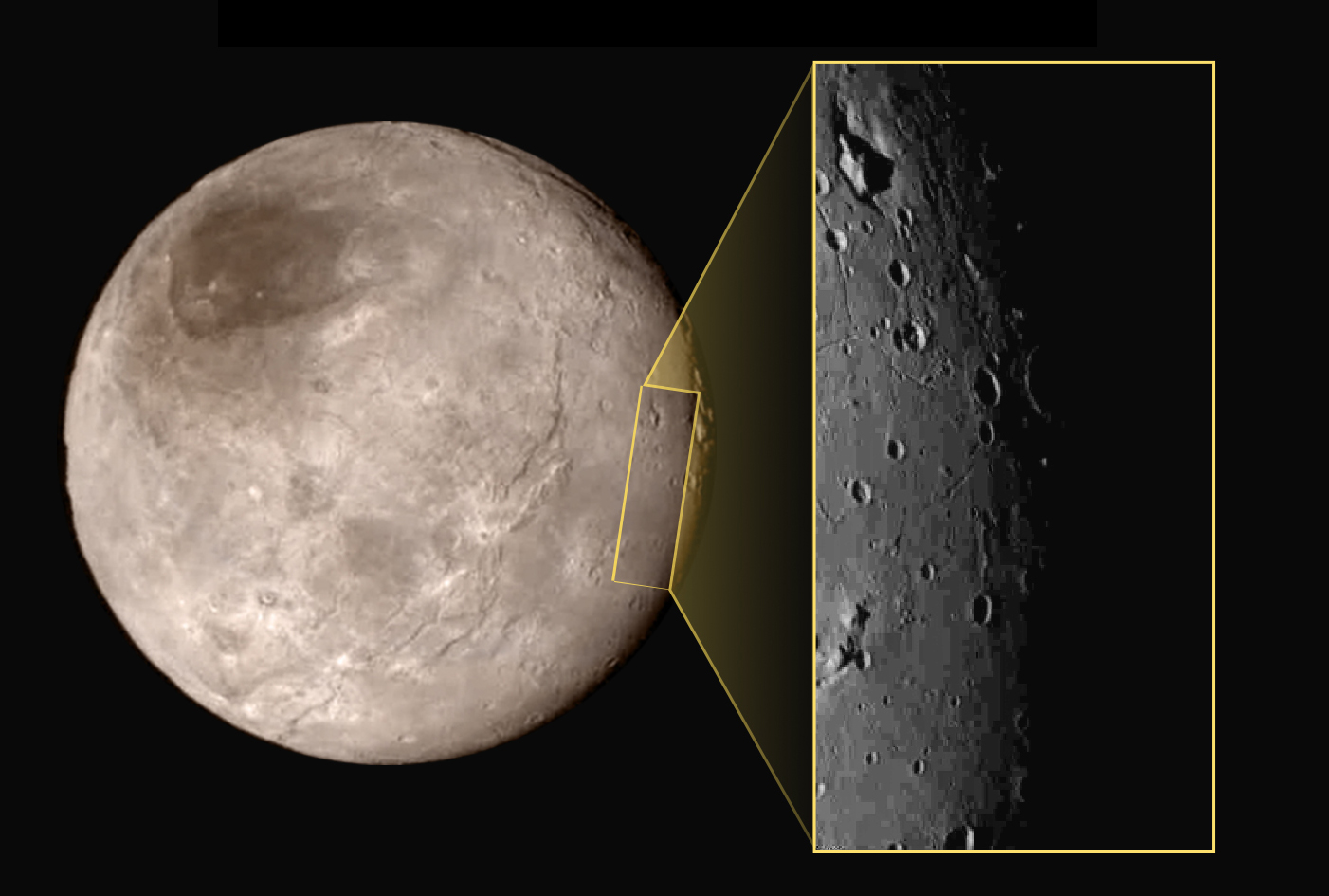 New Horizons - Charon - Cratères et pics - LORRI - 14-07-2015 - NASA - Annonec NASA TV briefing - Science findings - Johns Hopkins University Applied Physics Laboratory - Southwest Research Institute