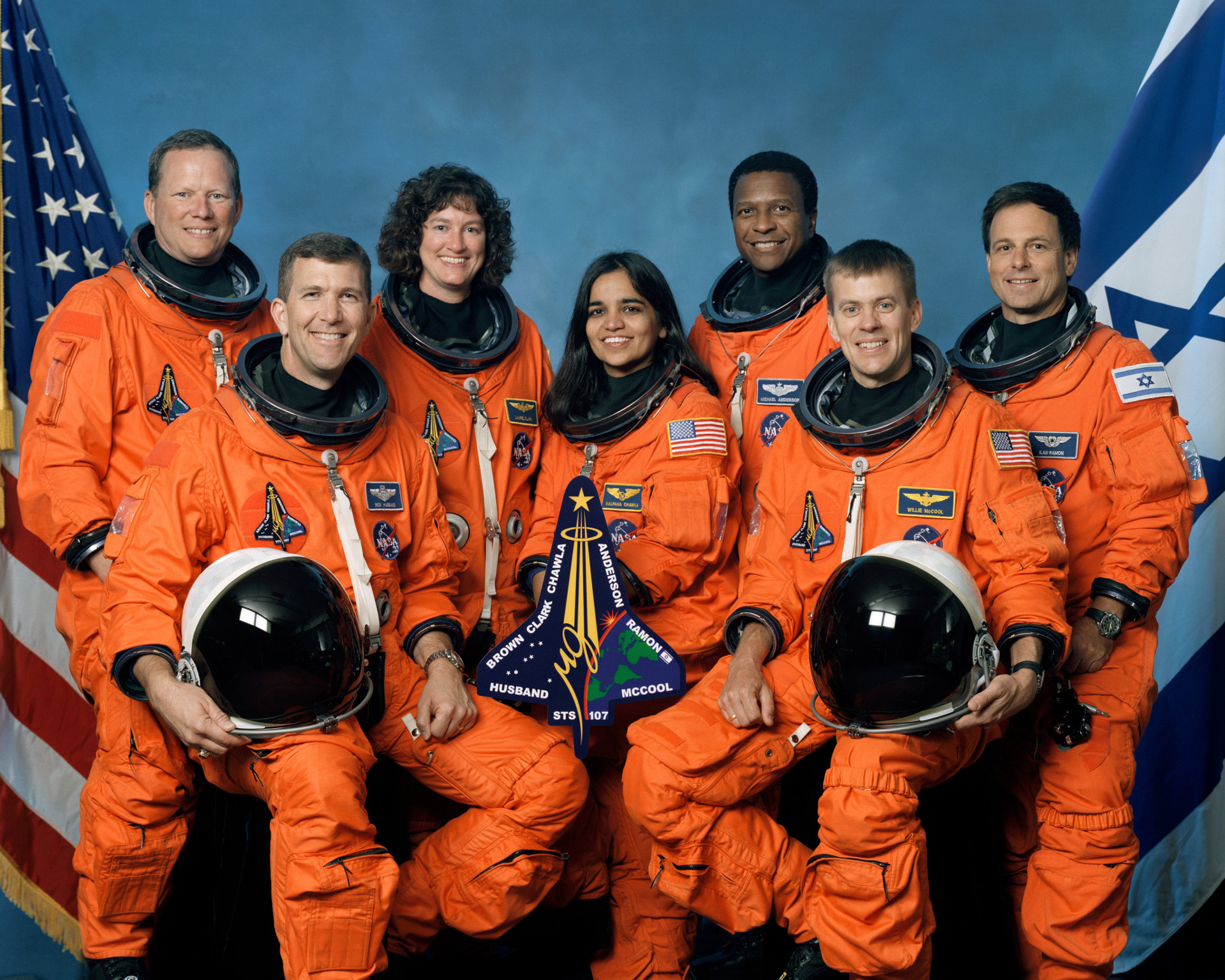 L'équipage de la mission STS-107 de la navette Columbia - Accident - Février 2003 - NASA - David Brown - Laurel Clark - Michael Anderson - Ilan Ramon - Rick Husband - Kalpana Chawla - William McCool