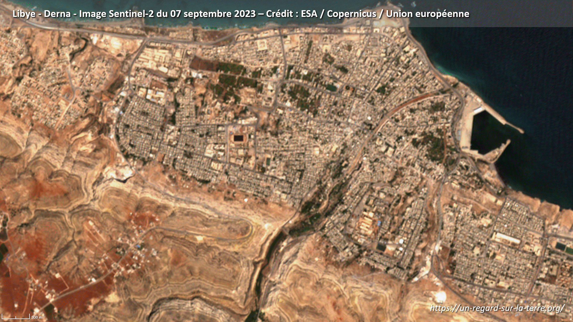 Libye - Derna - Darnah - inondations - floods - satellite - Sentinel-2 - Copernicus - Septembre 2023 - rupture barrage - Dam - dégâts - damages