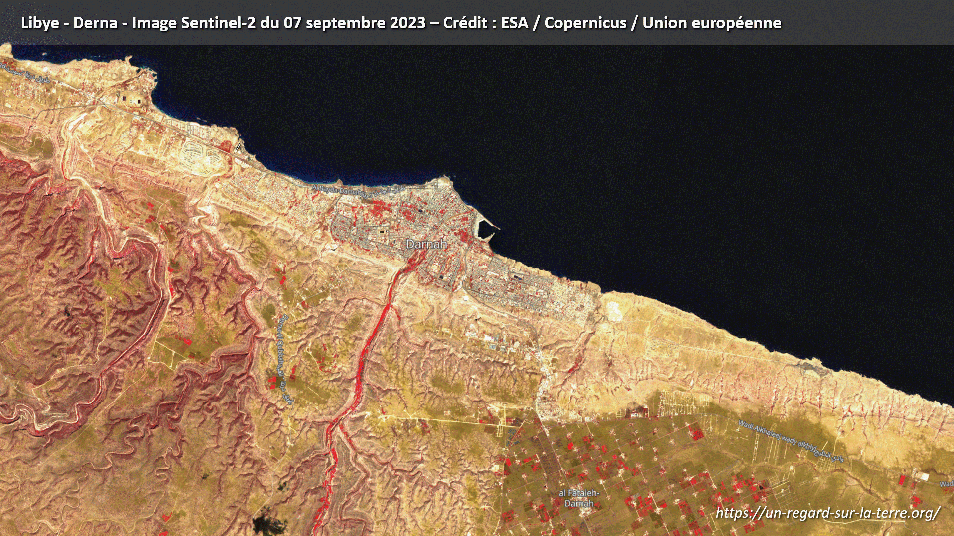 Libye - Derna - Darnah - inondations - floods - satellite - Sentinel-2 - Copernicus - Septembre 2023 - rupture barrage - Dam - dégâts - damages