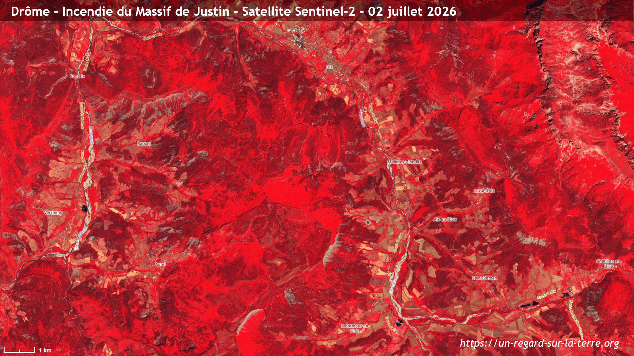 Massif de Justin - Incendie - Drôme - Die - Sentinel-2 - satellite - surface brûlée - Copernicus - Juillet 2026