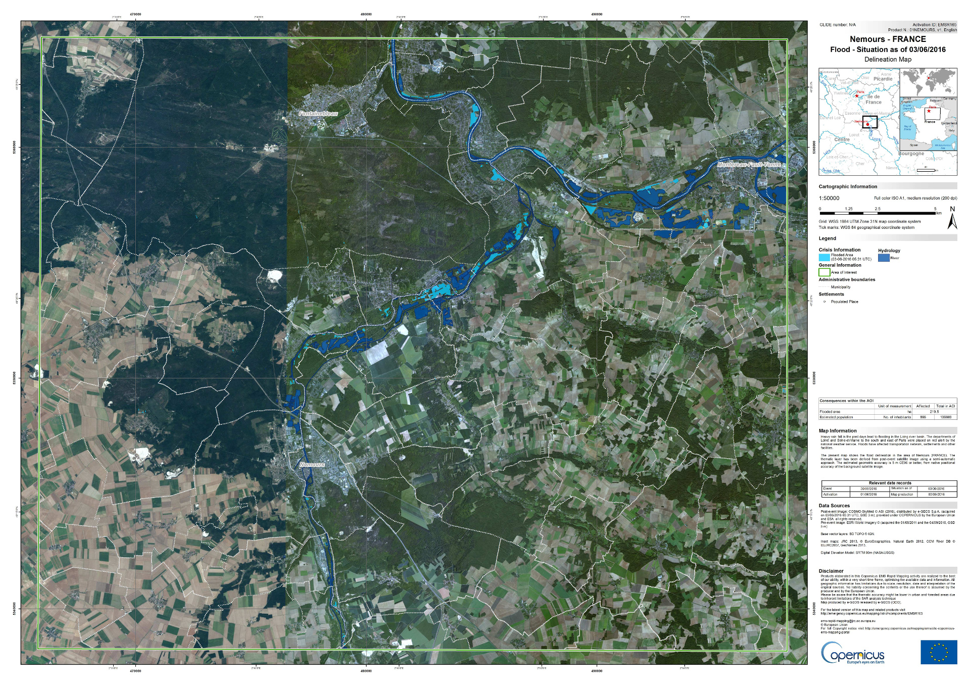 Nemours - Inondations - Juin 2016 - Copernicus Emergency Mapping - Cosmo-Skymed - radar - carte de situation - Commission européenne