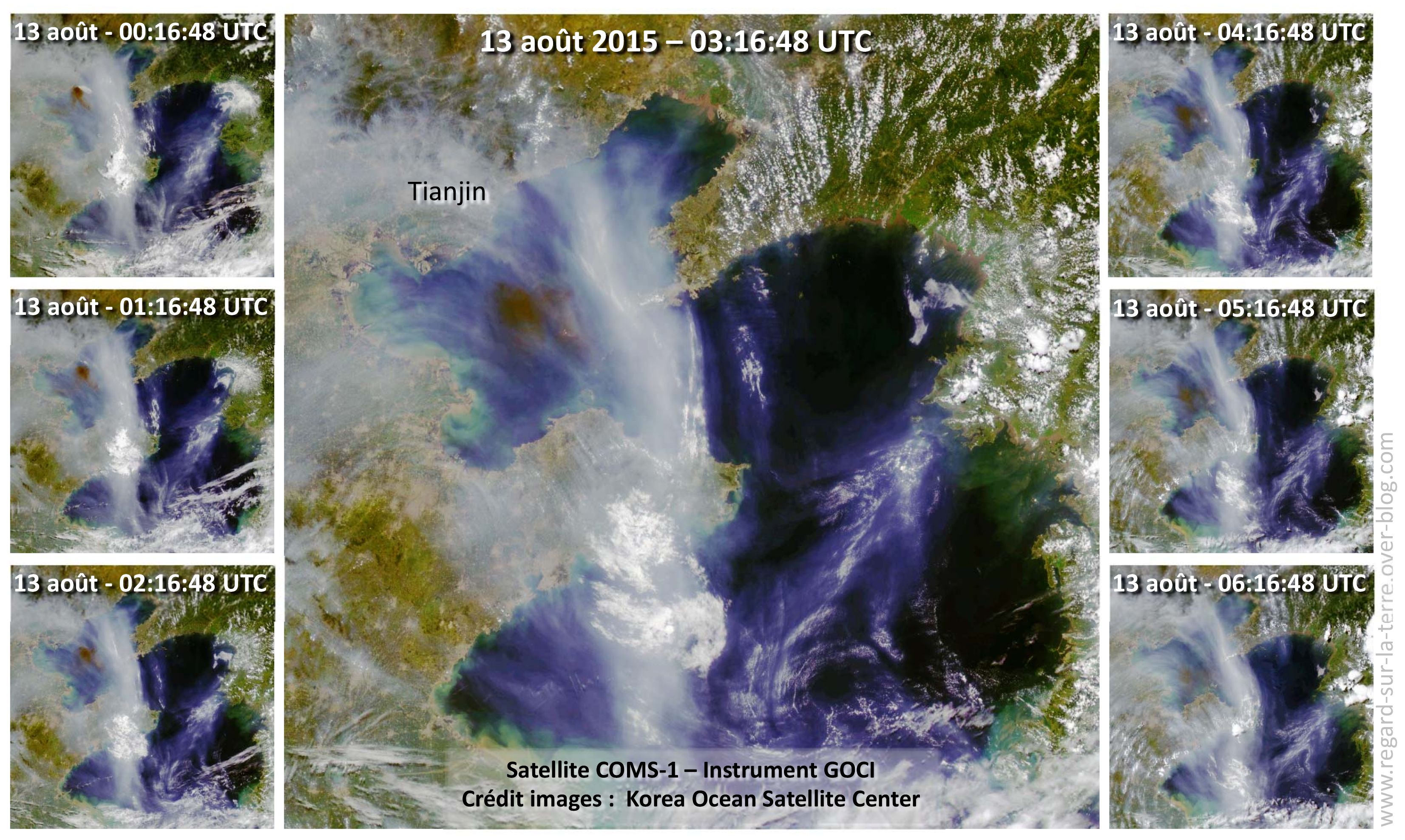 Explosion - Tianjin - Chine - Séquence d'images - Satellite COM-1 - Instrument GOCI - Propagation nuage de fumée noire - 7 images acquises le 13 août 2015 entre 00:16:48 et 06:16:48 UTC. Korea Ocean Satellite Center (KOSC).