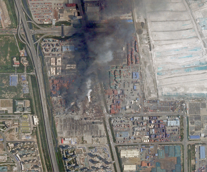 Tianjin - Explosion - Dégats - Image satellite - Damage - Fire - Sybox Imaging - Skysat - Imagerie rapide - Août 2015