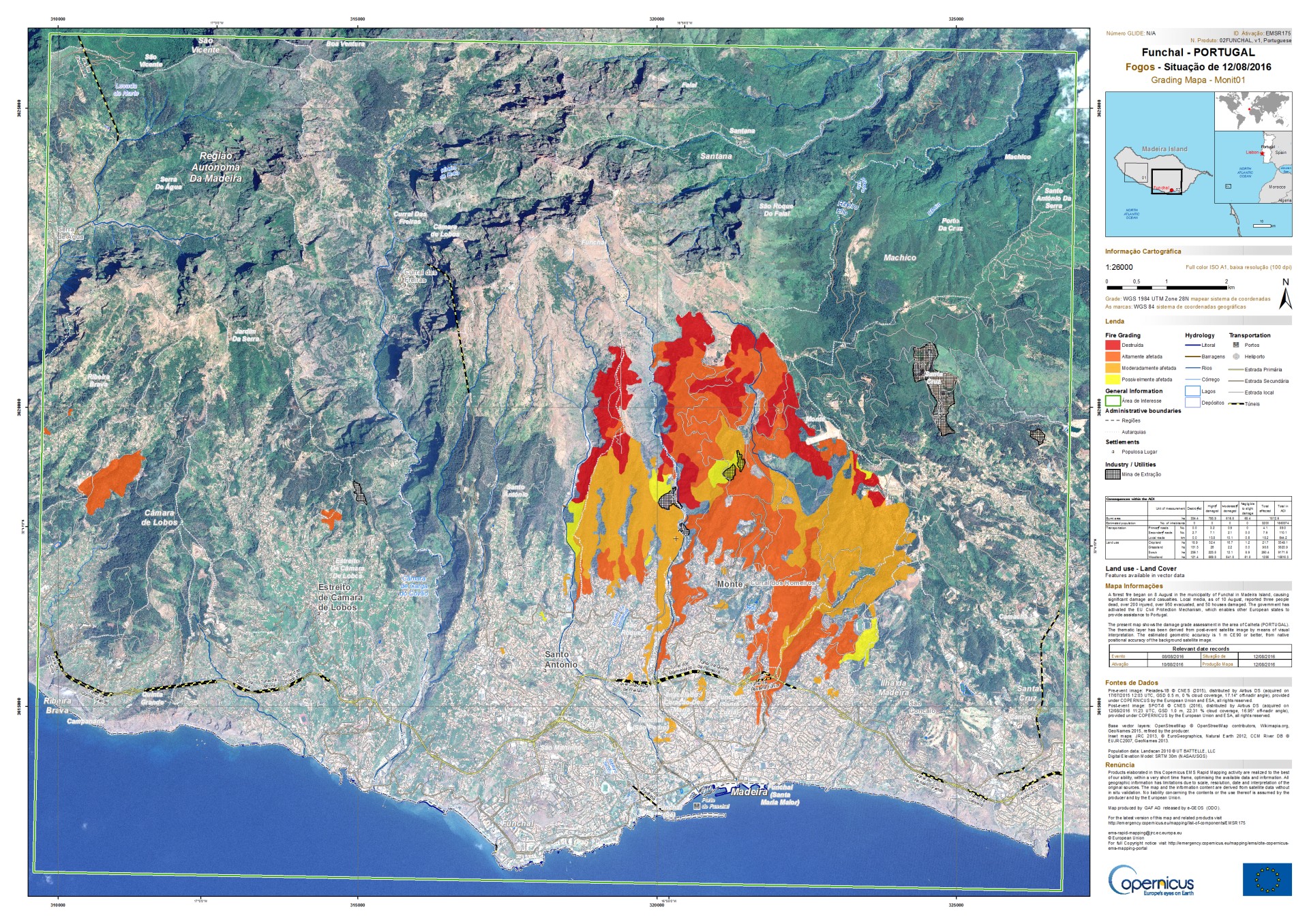 Copernicus - Emergency Mapping Service - EMS - Union Européenne - Grading map - cartographie rapide - Madeira - Madère - Funchal - Pléiades - SPOT 6 - GMES - Wild fires - activation - EU Civil protection