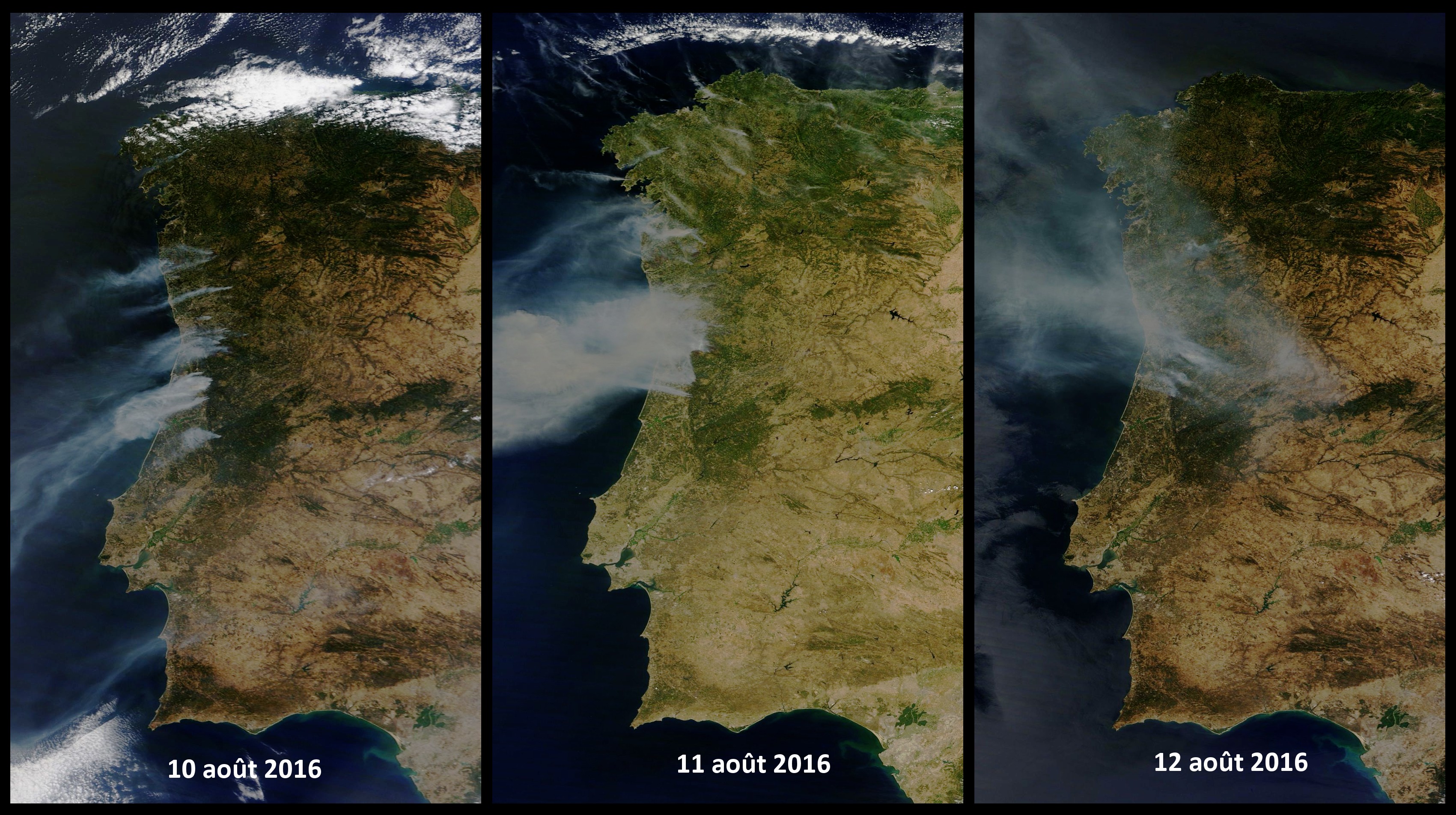 Incendies - Portugal - Août 2016 - EU Civil protection mechanism - Terra - MODIS - satellite d'observation - Fumée - Fire - Smoke - NASA - Worldview