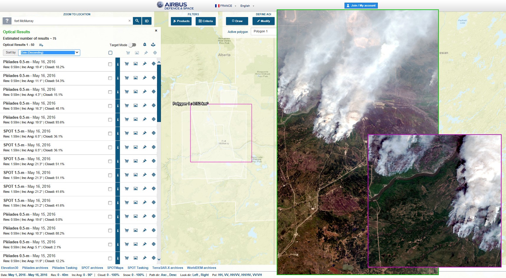 Fort McMurray - Feux - Wildfires - Satellites Pléiades et SPOT - Consultation Geostore - Revisite - Plus d'une image par jour de chaque point du globe - Airbus DS 