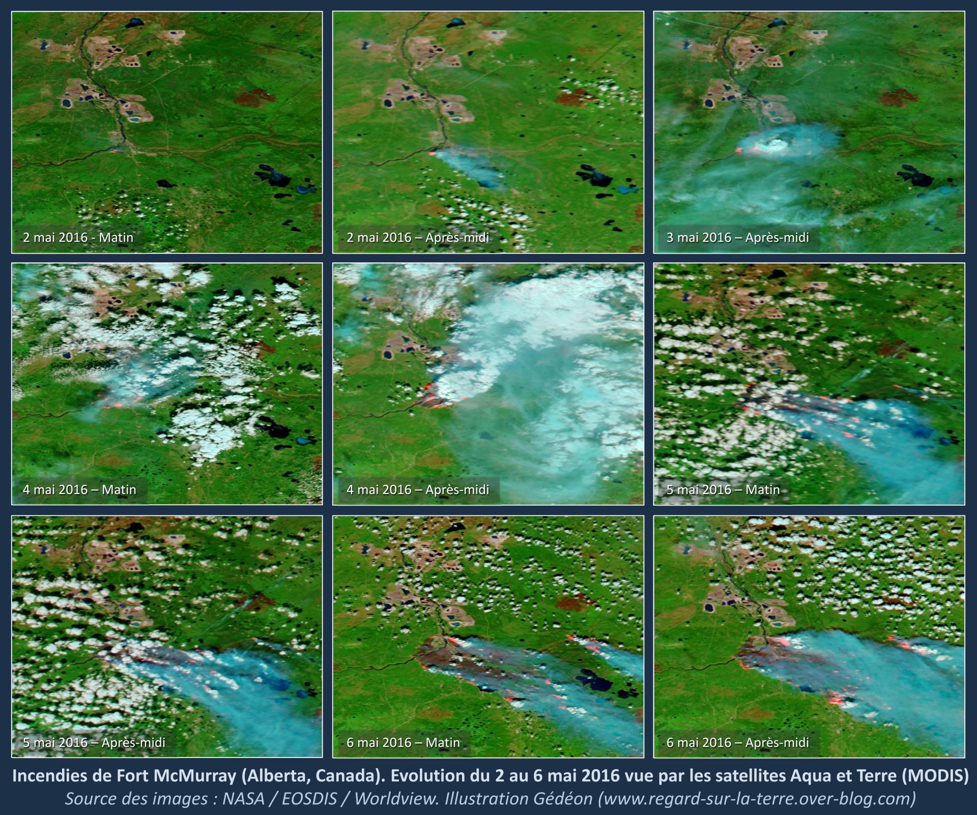Fort Mc Murray - Alberta - Canada - Incendie - Wild fires - Instrument MODIS - Aqua et Terra - Série d'images aquises entre le 2 et le 6 mai