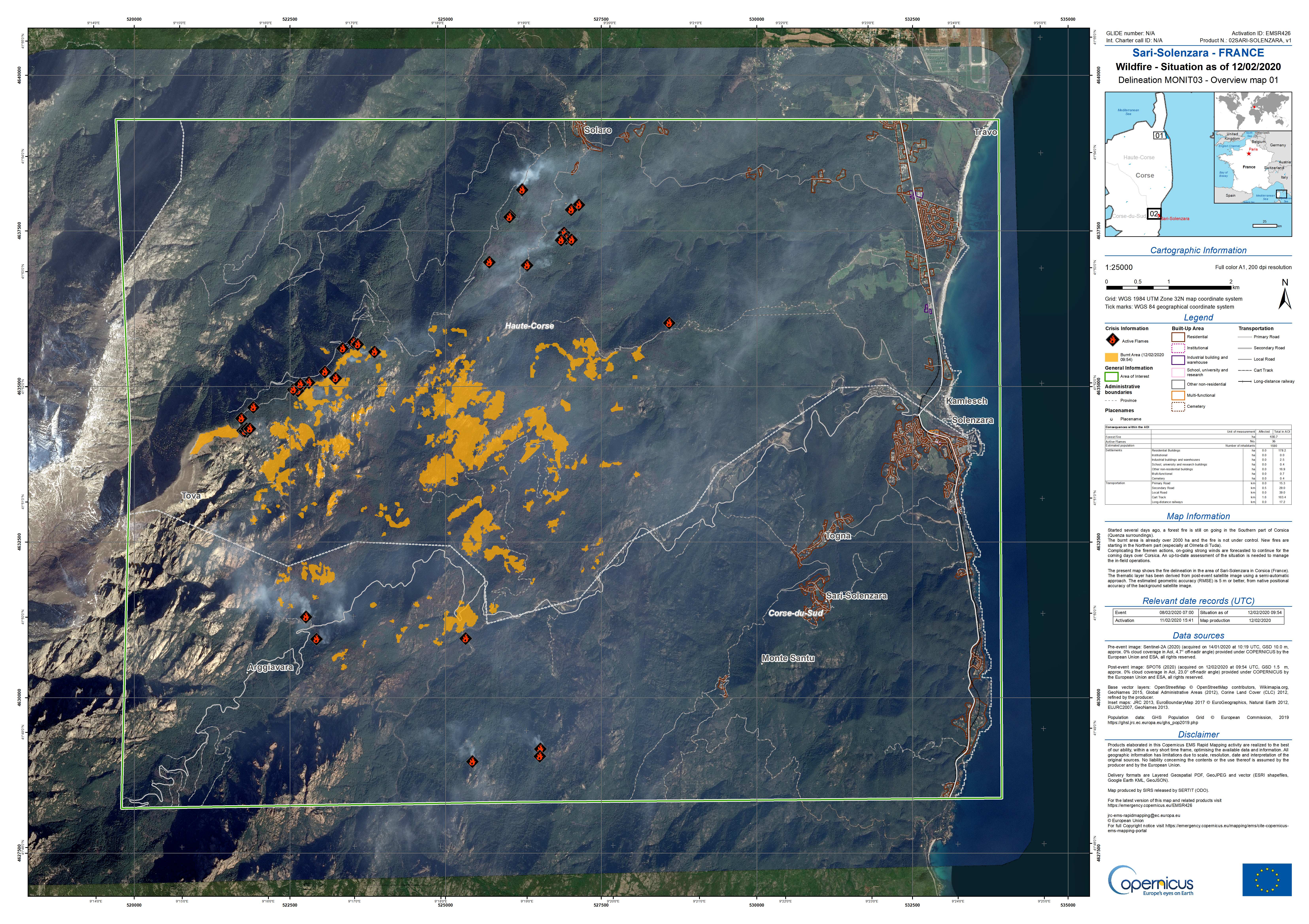 Tempête Ciara - Corse - Incendie - Emergency Mapping Service - Sari-Solenzara - Copernicus - satellite - fire - feux - SPOT6 - Airbus Defence and Space