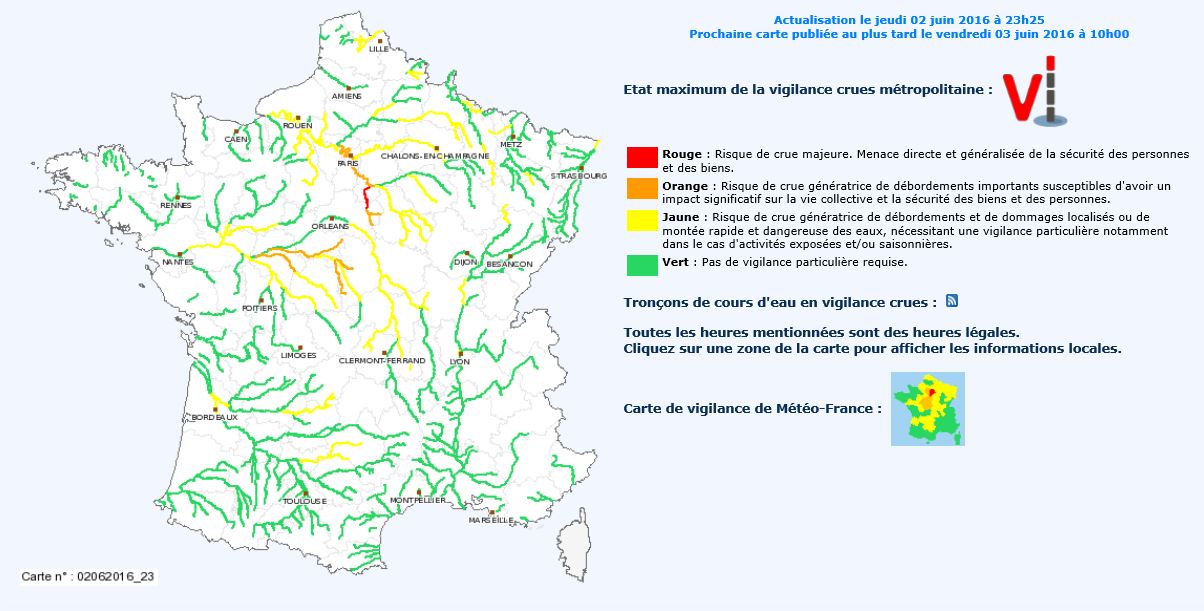 Carte de vigilance - Crues - Inondations - France - Juin 2016 - Météo France -Vigicrues