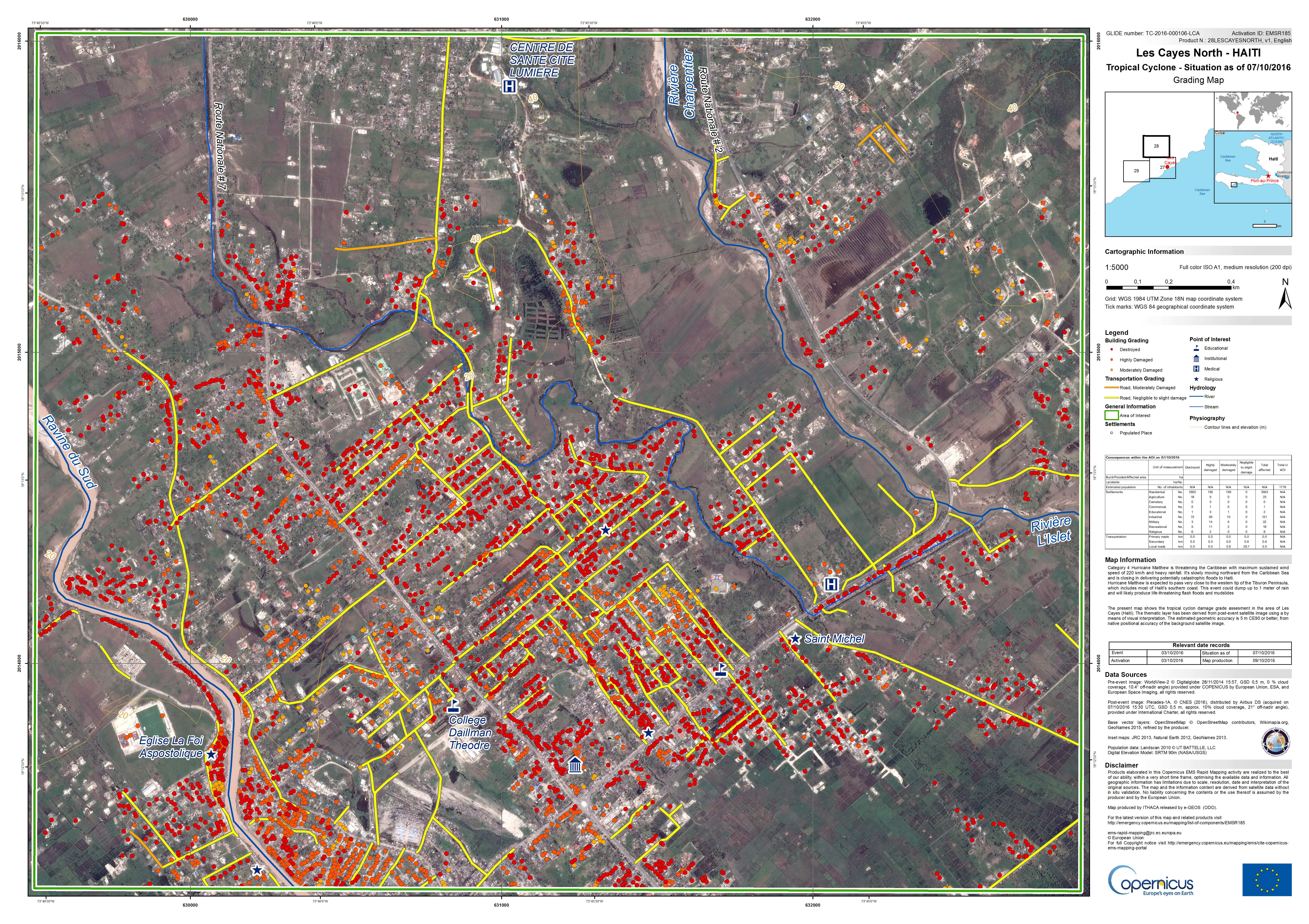 Matthew - Haiti - Cartographie rapide - Rapid mapping - Copernicus - Emergency mapping service - Les cayes - dégâts - grading map - Commission européenne - satellite d'observation