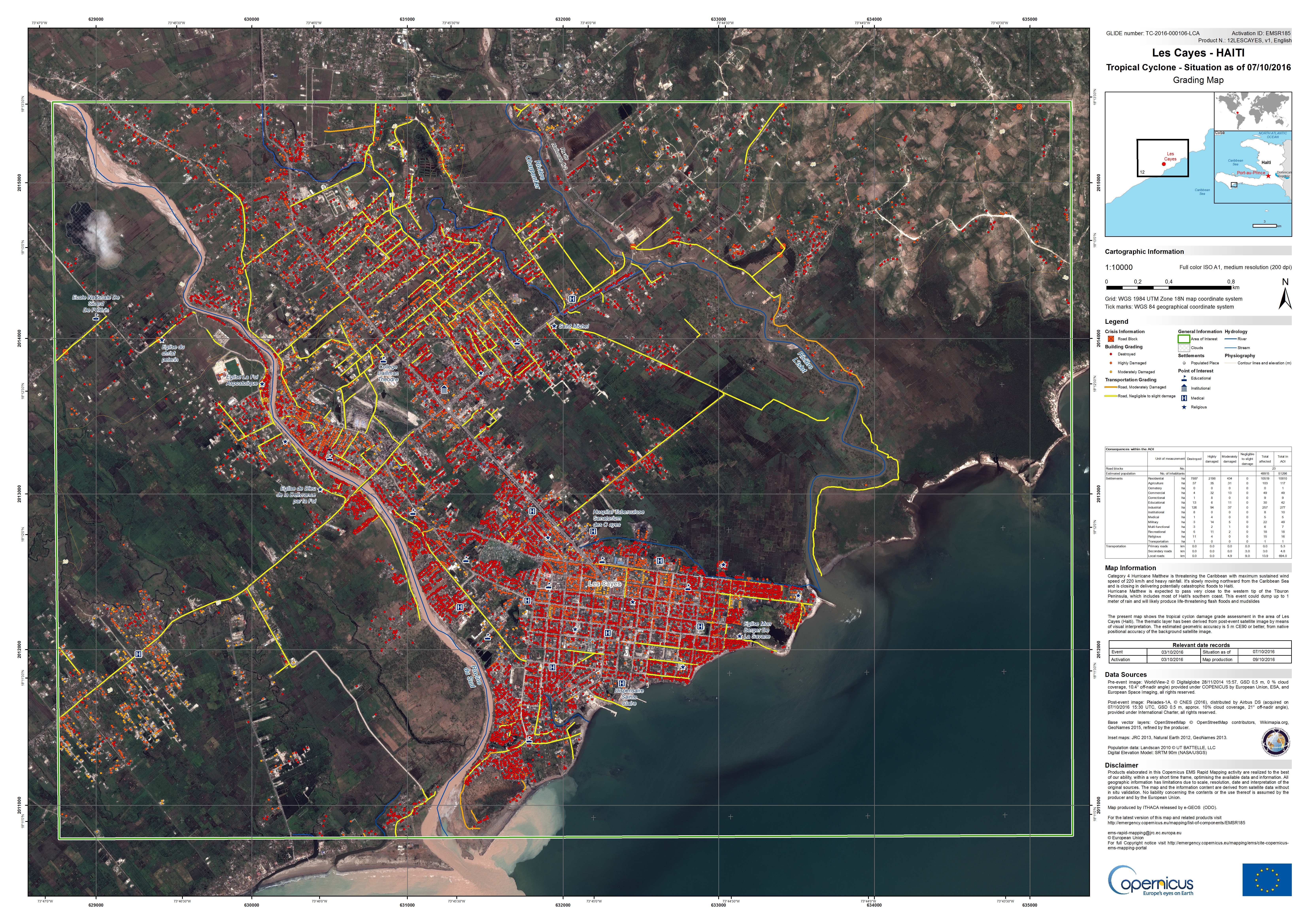 Matthew - Haiti - Cartographie rapide - Rapid mapping - Copernicus - Emergency mapping service - Les cayes - dégâts - grading map - Commission européenne - satellite d'observation
