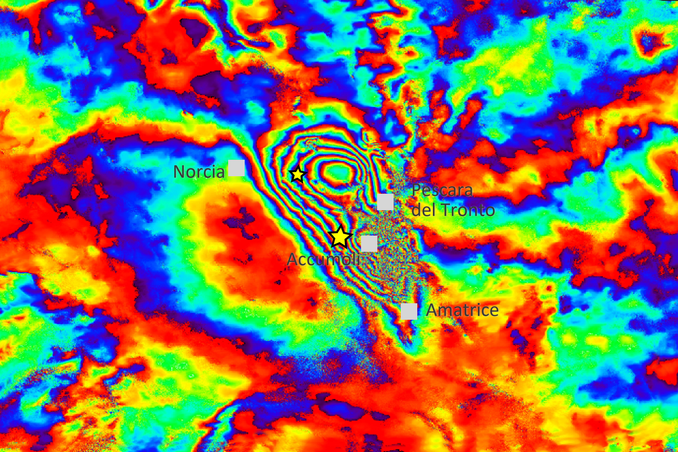 Italie - Tremblement de Terre - 24 août 2016 - Interférométrie - Sentinel-1 - Copernicus - ESA - IREA - Fault - plates - tectonique - Terromoto