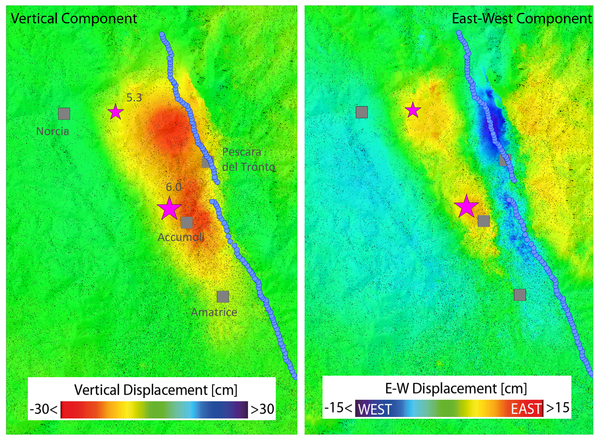 Italie - Tremblement de Terre - 24 août 2016 - Interférométrie - Sentinel-1 - Copernicus - ESA - IREA - Fault - plates - Terromoto - Subsidence - déplacement - faille - réplique - épicentre
