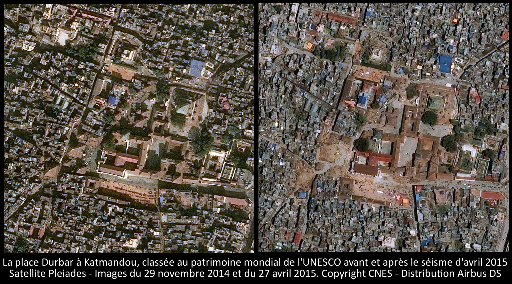 La place Durbar à Katmandou - Images du satellite Pleiades prises avant et après le séisme d'avril 2015 - CNES - Airbus DS