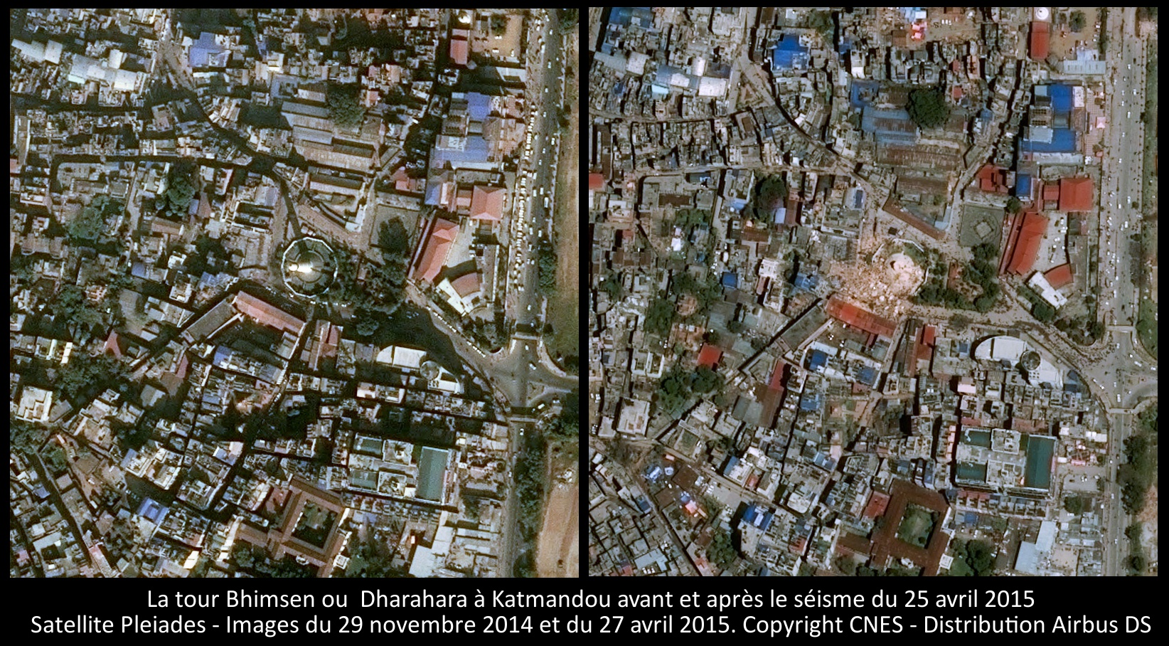 La tour Bhimsen Dharahara à Katmandou - Images du satellite Pleiades prises avant et après le séisme d'avril 2015 - CNES - Airbus DS