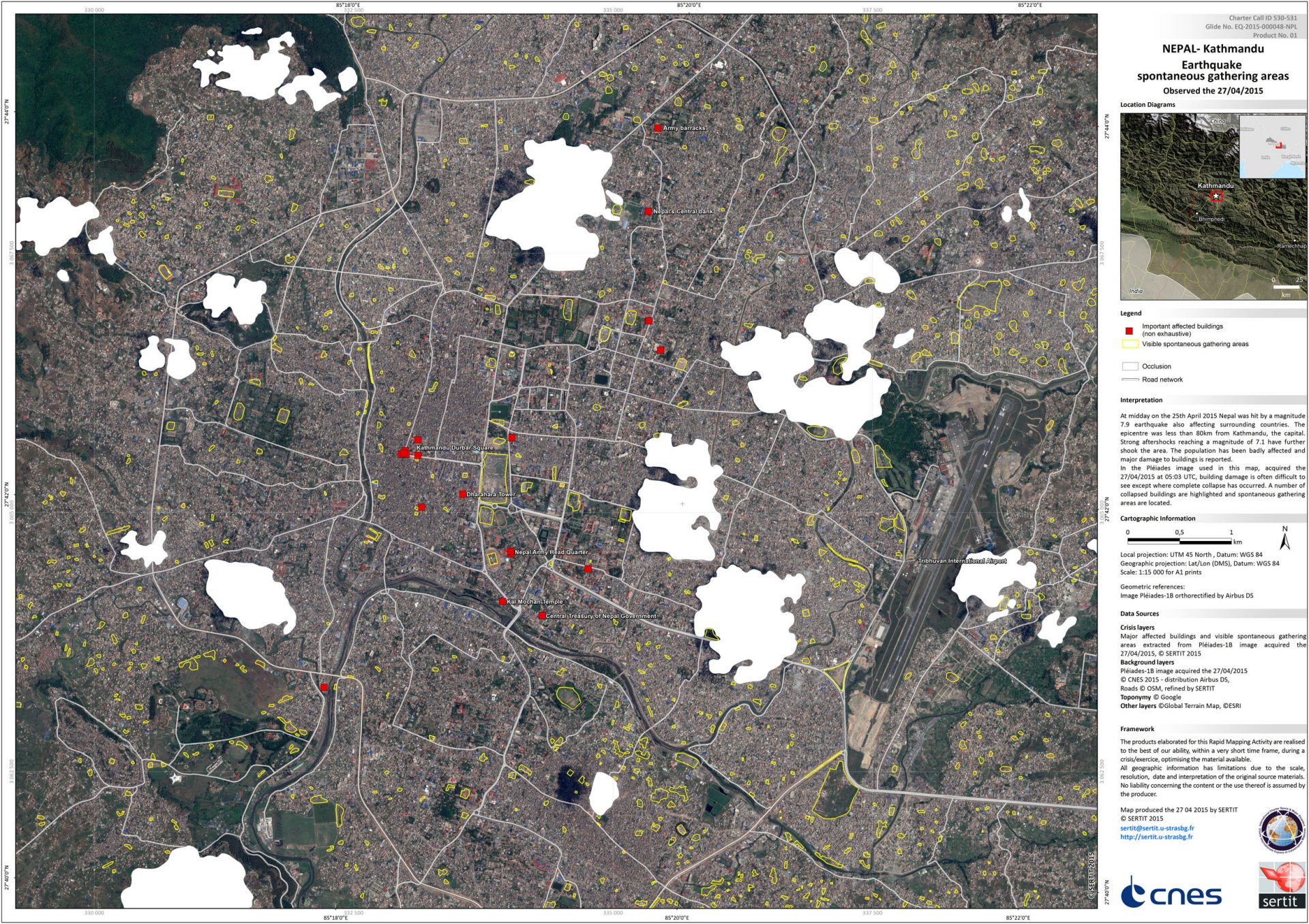 Nepal - Katmandou - Séisme Avril 2015 - Cartographie rapide - SERTIT - CNES - Airbus Defence and Space - Pleiades - PLéiades - satellite - Charte internationale espace et catastrophes majeures