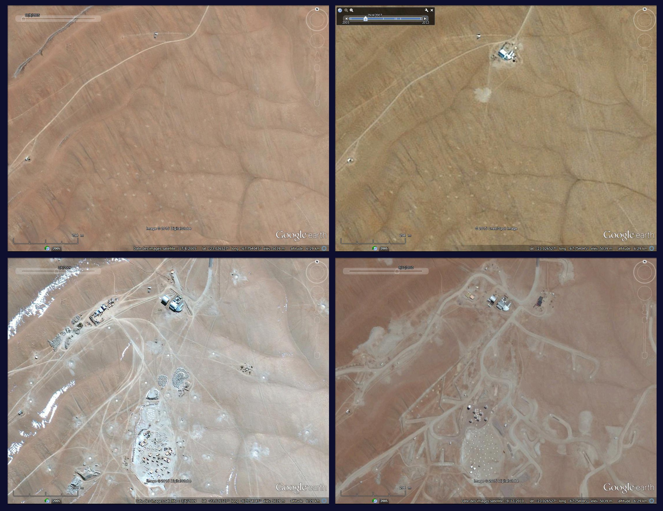 ALMA - ESO - Atacama Large Millimeter Array - évolution des travaux - 2005 - 2007 - 2009 - 2010 - 2015 - Google Earth